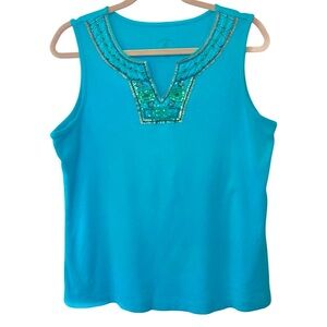 Vintage WHITE STAG Embellished V Neck Sleeveless Teal Green Tank Top Size Large